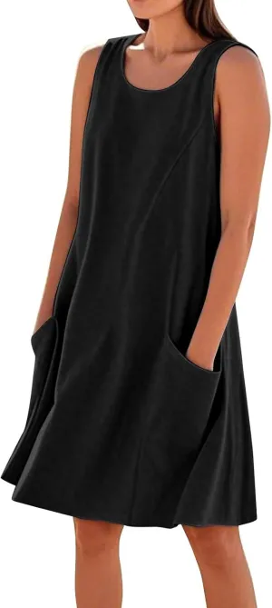 Plus Size Sundresses for Women 2025 Summer Loose Casual A Line Vacation Dress Sleeveless Midi Tank Dress with Pockets