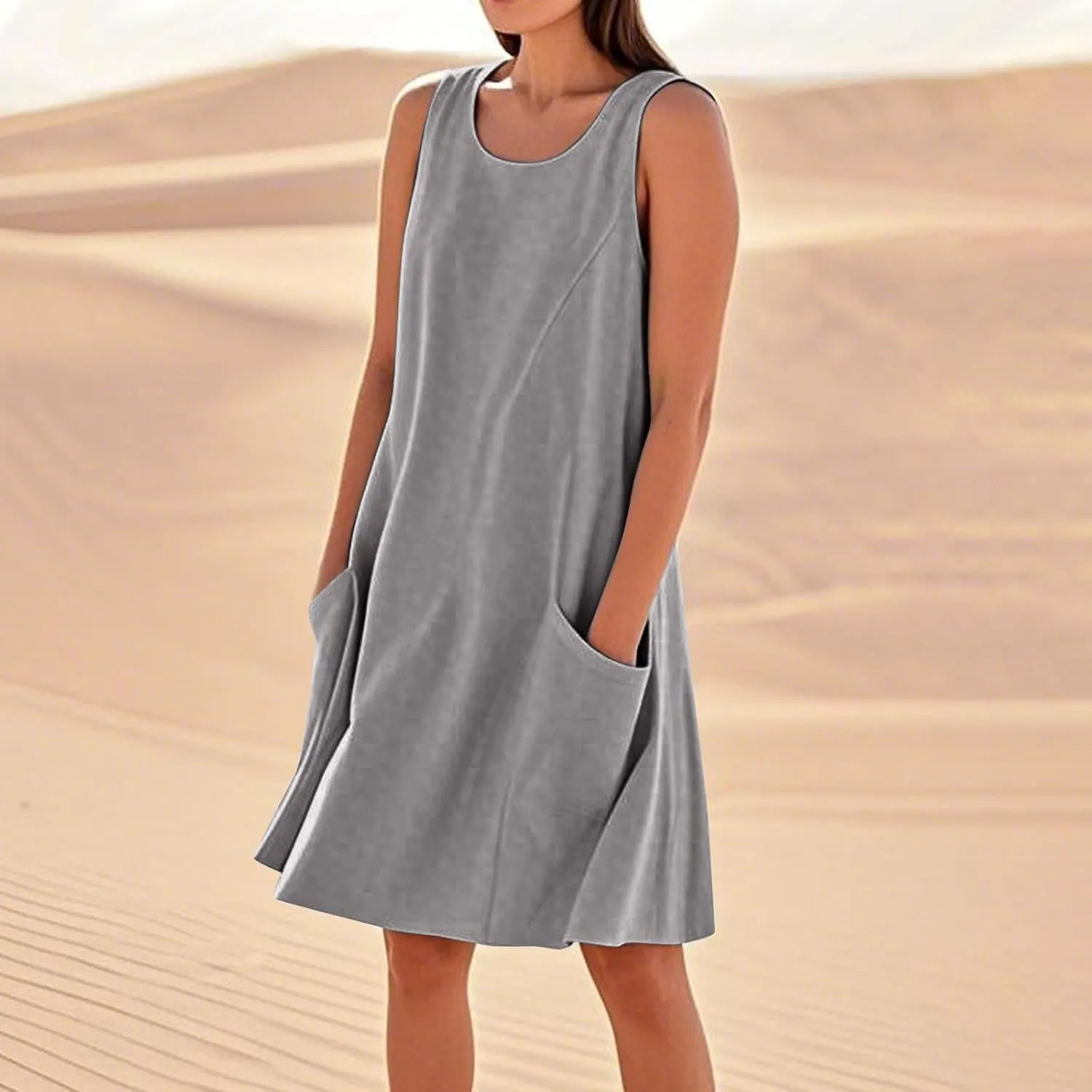 Plus Size Sundresses for Women 2025 Summer Loose Casual A Line Vacation Dress Sleeveless Midi Tank Dress with Pockets