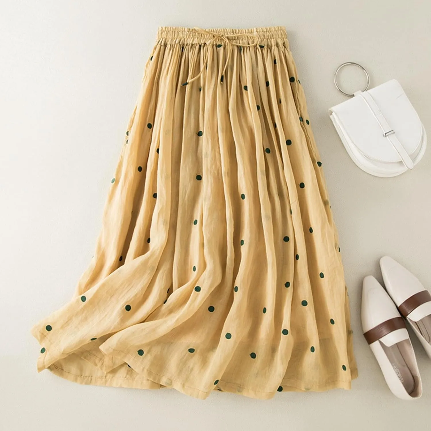 Polka Dot Tulle Skirts for Women 2025 Summer Drawstring High Waisted Elegant Flowy A-Line Swing Pleated Boho Midi Long Skirt