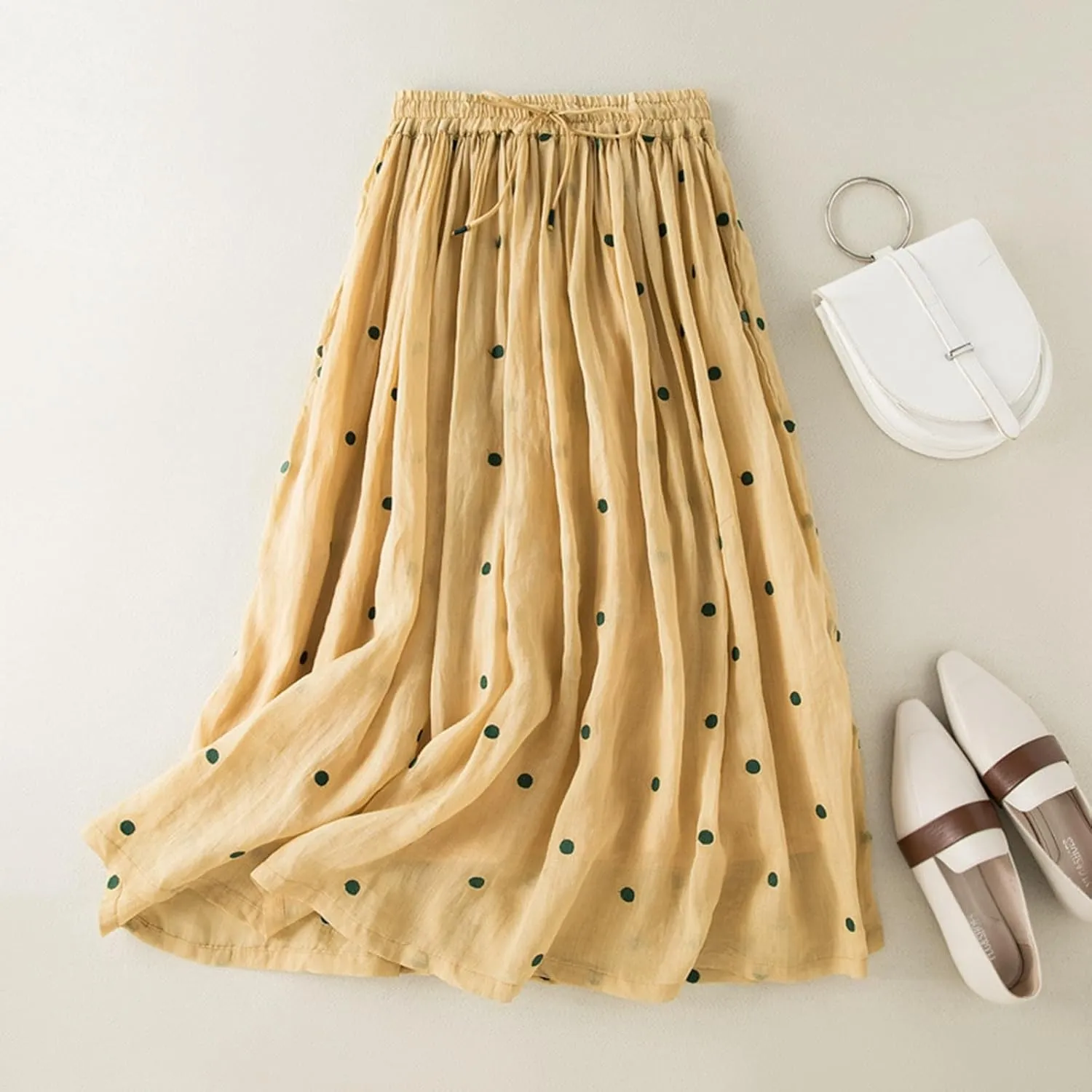 Polka Dot Tulle Skirts for Women 2025 Summer Drawstring High Waisted Elegant Flowy A-Line Swing Pleated Boho Midi Long Skirt