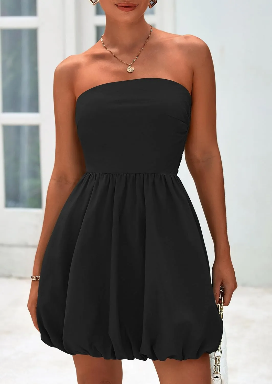 PRETTYGARDEN Women's Bubble Mini Short Dress 2025 Summer Casual A Line Strapless Tube Top Sundress Trendy Smocked Dresses