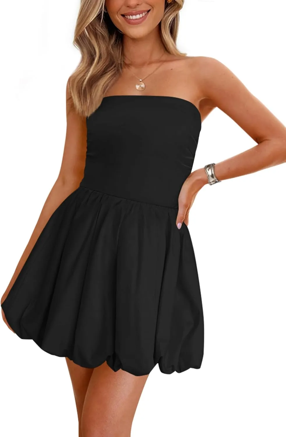 PRETTYGARDEN Women's Bubble Mini Short Dress 2025 Summer Casual A Line Strapless Tube Top Sundress Trendy Smocked Dresses