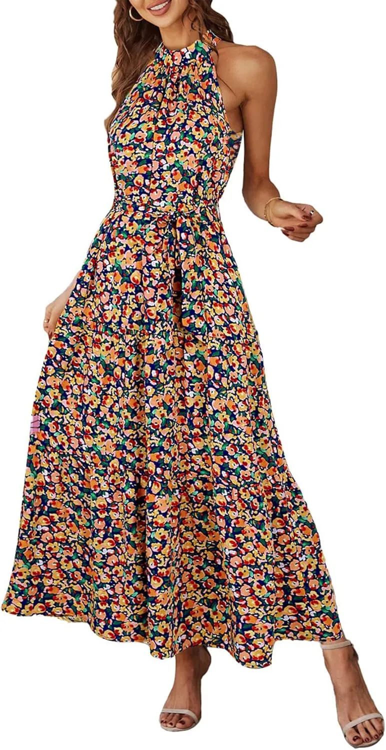 PRETTYGARDEN Women's Summer Floral Maxi Sun Dress Sleeveless Halter Neck Flowy Ruffle Hem Long Boho Dresses with Belt