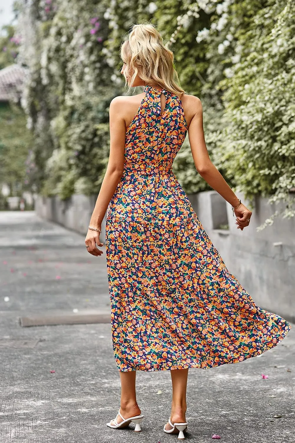 PRETTYGARDEN Women's Summer Floral Maxi Sun Dress Sleeveless Halter Neck Flowy Ruffle Hem Long Boho Dresses with Belt