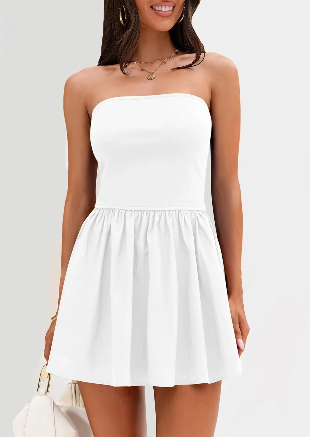 PRETTYGARDEN Women's Summer Strapless Mini Party Dress 2025 Casual Tube Top Ruffle A Line Short Patchwork Sundresses
