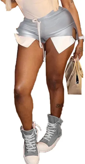 RAMOUG Women's Faux Leather Shorts Pocket Patchwork Drawstring Hot Pants