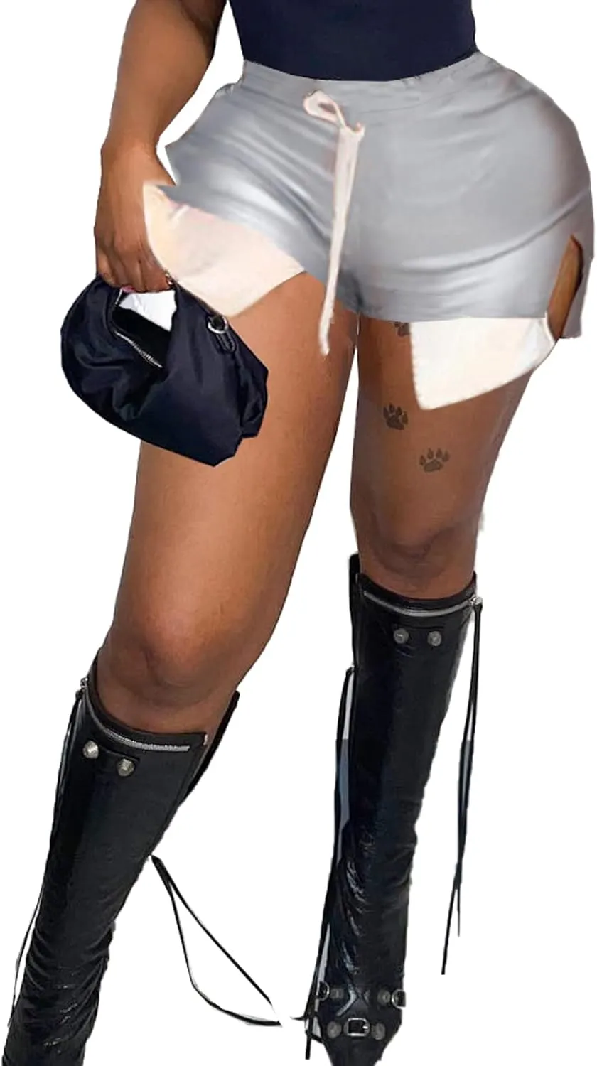 RAMOUG Women's Faux Leather Shorts Pocket Patchwork Drawstring Hot Pants