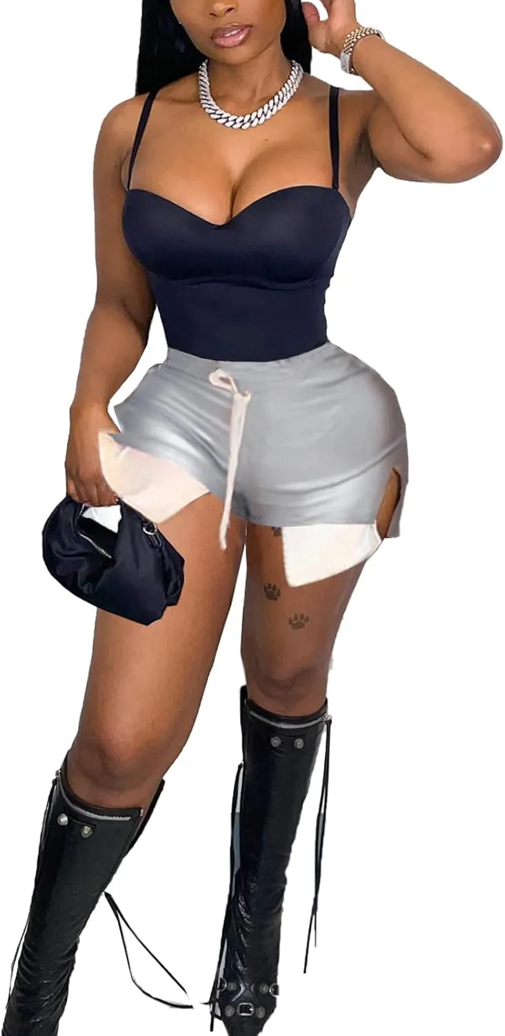 RAMOUG Women's Faux Leather Shorts Pocket Patchwork Drawstring Hot Pants