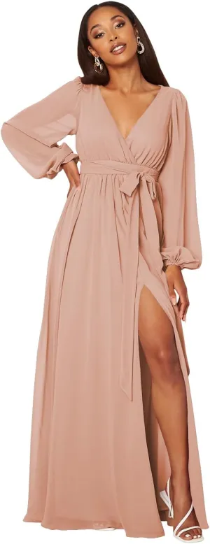 Raseal Long Sleeve Bridesmaid Dress with Split V Neck Chiffon Prom Dress Long for Women RS011