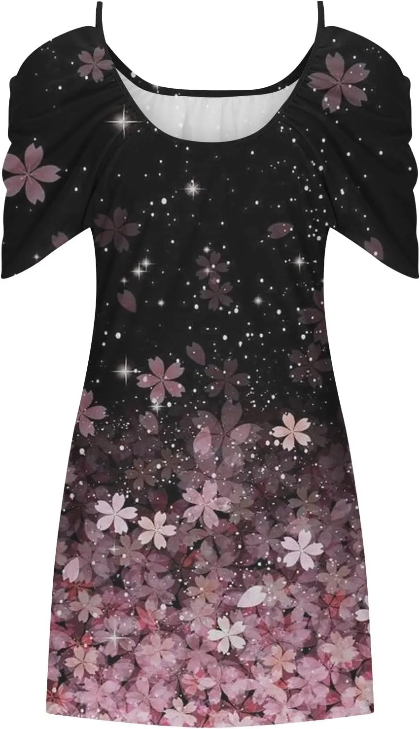 Sexy Dresses for Women 2024 Plus Size Floral Print Open Shoulder Short Beach Sundress Loose fit Crew Neck Mini Dress