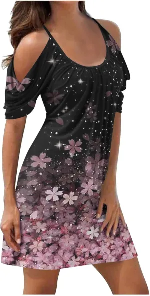 Sexy Dresses for Women 2024 Plus Size Floral Print Open Shoulder Short Beach Sundress Loose fit Crew Neck Mini Dress