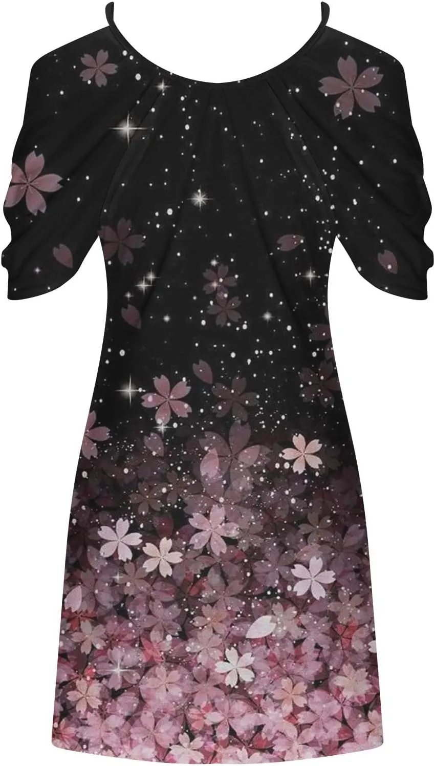 Sexy Dresses for Women 2024 Plus Size Floral Print Open Shoulder Short Beach Sundress Loose fit Crew Neck Mini Dress