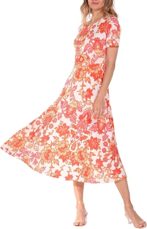 Short Sleeve Fit and Flare Maxi Dress Coral Orange Floral Print - Small