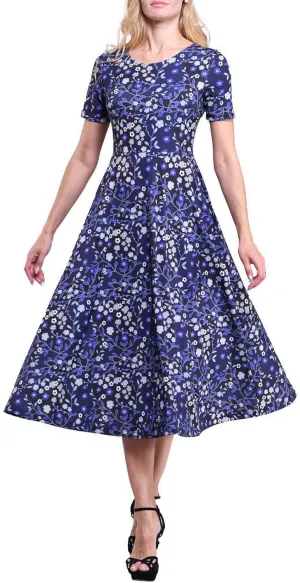 Short Sleeve Fit and Flare Maxi Dress Navy Grey Ivy Print - Medium