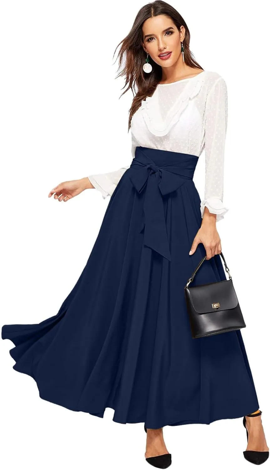 Skirts Black Women Bubble Long Skirt Y2k Flowy Swing a Line Maxi Skirt Cute Ruffle Pleated Midi Skirt