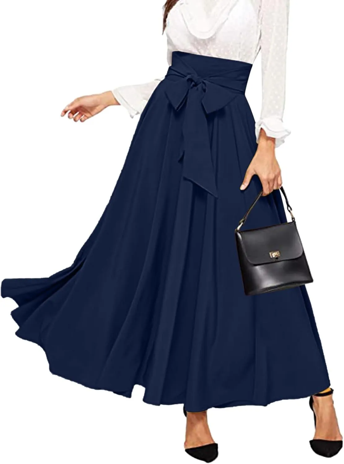 Skirts Black Women Bubble Long Skirt Y2k Flowy Swing a Line Maxi Skirt Cute Ruffle Pleated Midi Skirt