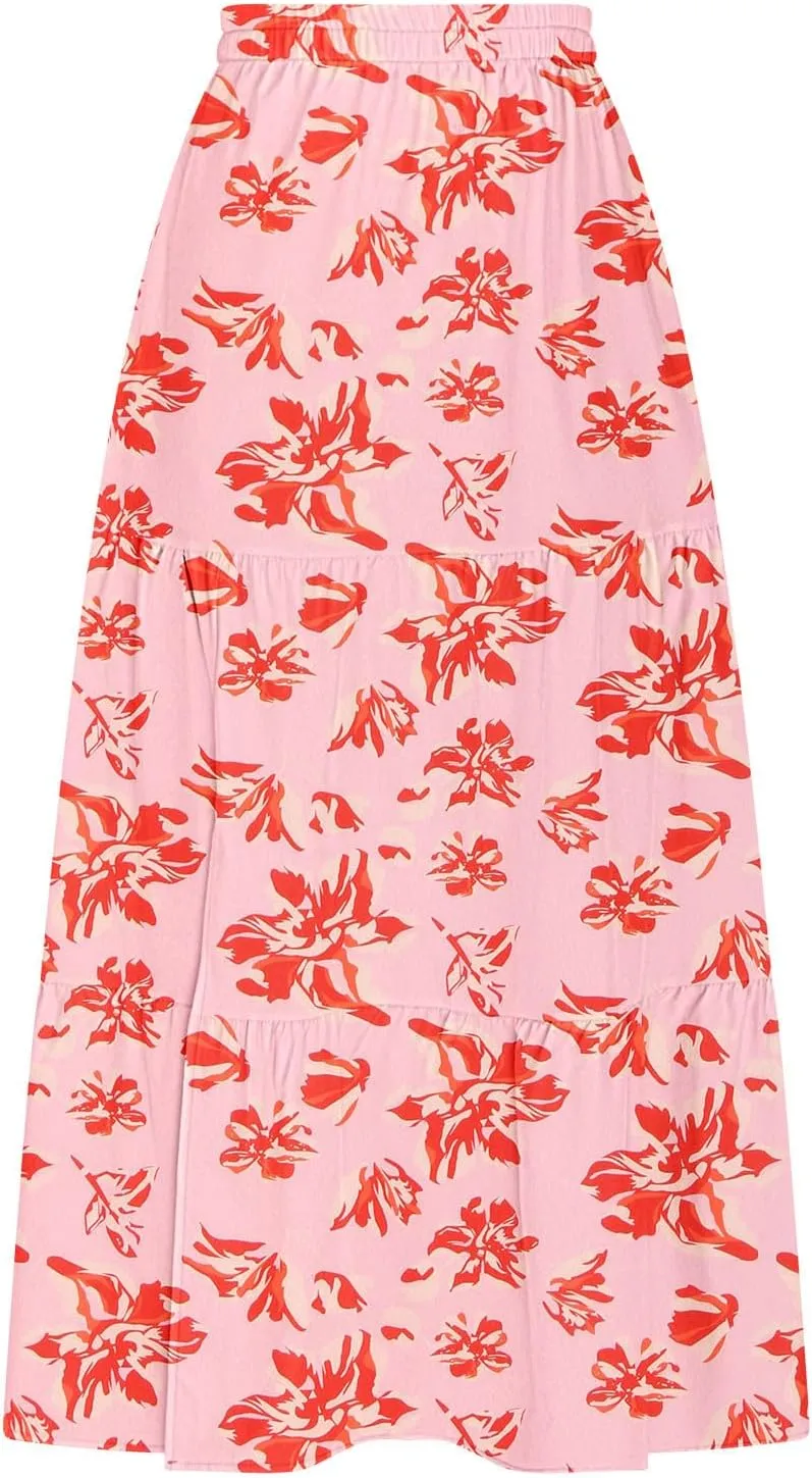 Skirts for Women Boho Floral Print Maxi Skirts Plus Size Side Slit Flowy Skirt Midi Length Chiffon Dress with Pockets