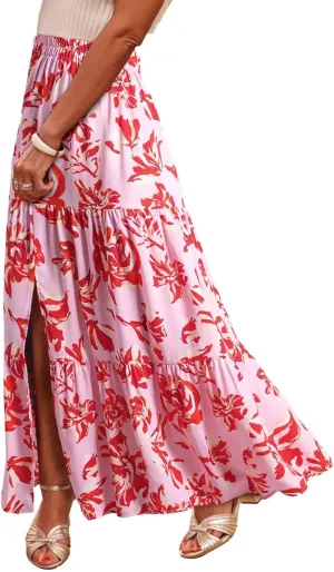 Skirts for Women Boho Floral Print Maxi Skirts Plus Size Side Slit Flowy Skirt Midi Length Chiffon Dress with Pockets