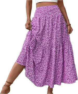 Skirts for Women Midi Length Women's Boho Floral Print Elastic High Waisted Swing A-Line Tiered Summer Beach Skirt