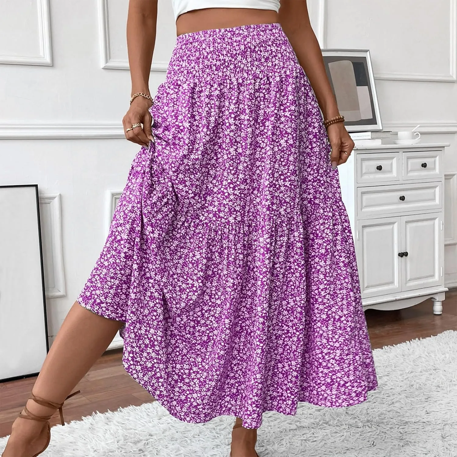 Skirts for Women Midi Length Women's Boho Floral Print Elastic High Waisted Swing A-Line Tiered Summer Beach Skirt