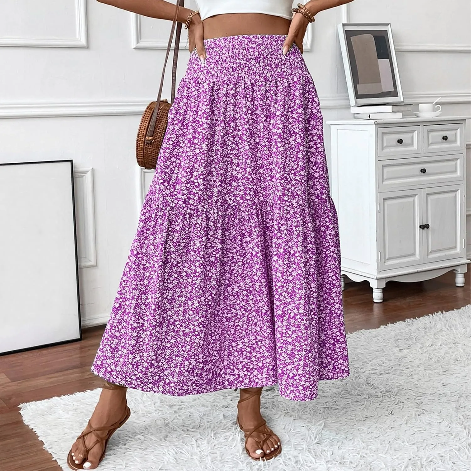 Skirts for Women Midi Length Women's Boho Floral Print Elastic High Waisted Swing A-Line Tiered Summer Beach Skirt