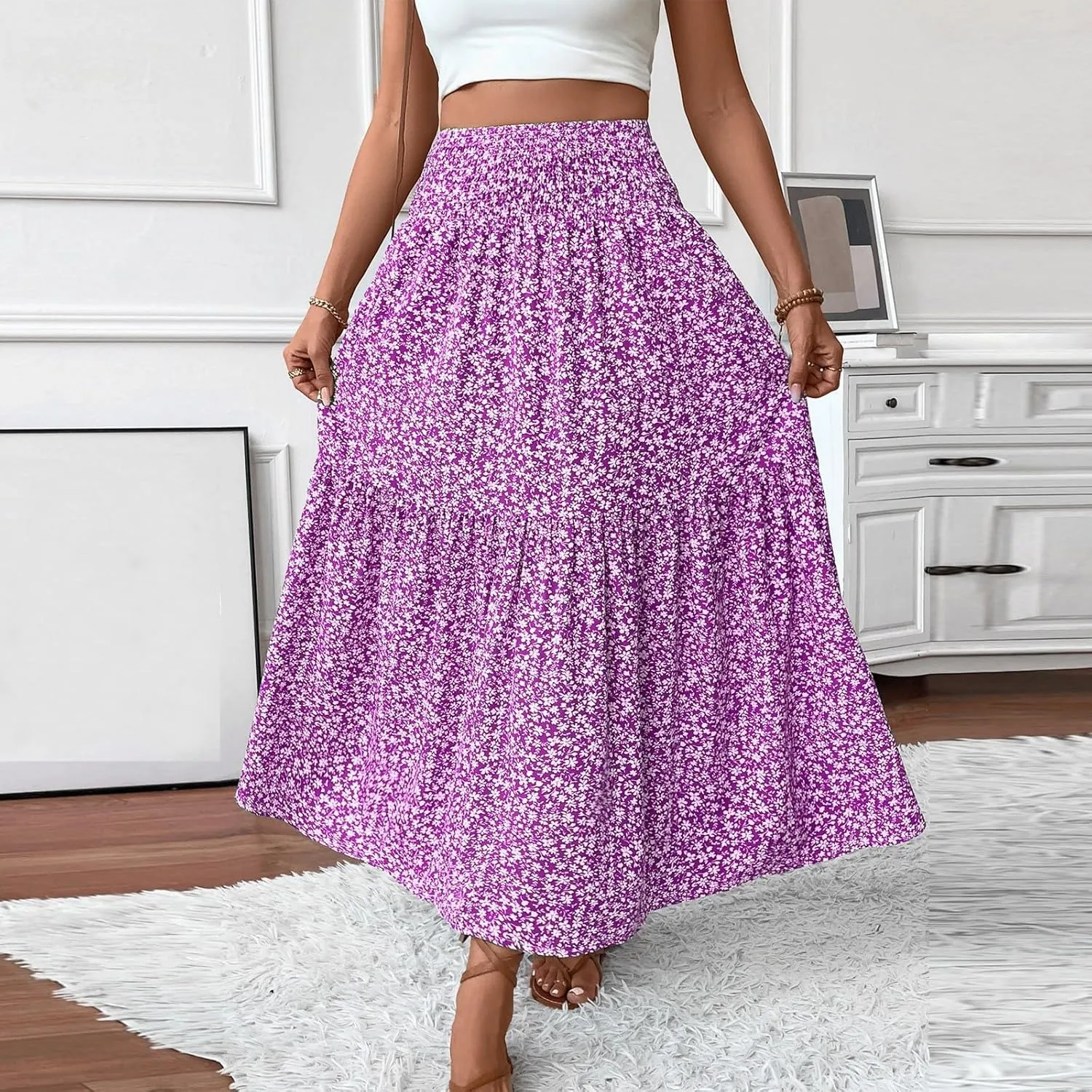 Skirts for Women Midi Length Women's Boho Floral Print Elastic High Waisted Swing A-Line Tiered Summer Beach Skirt