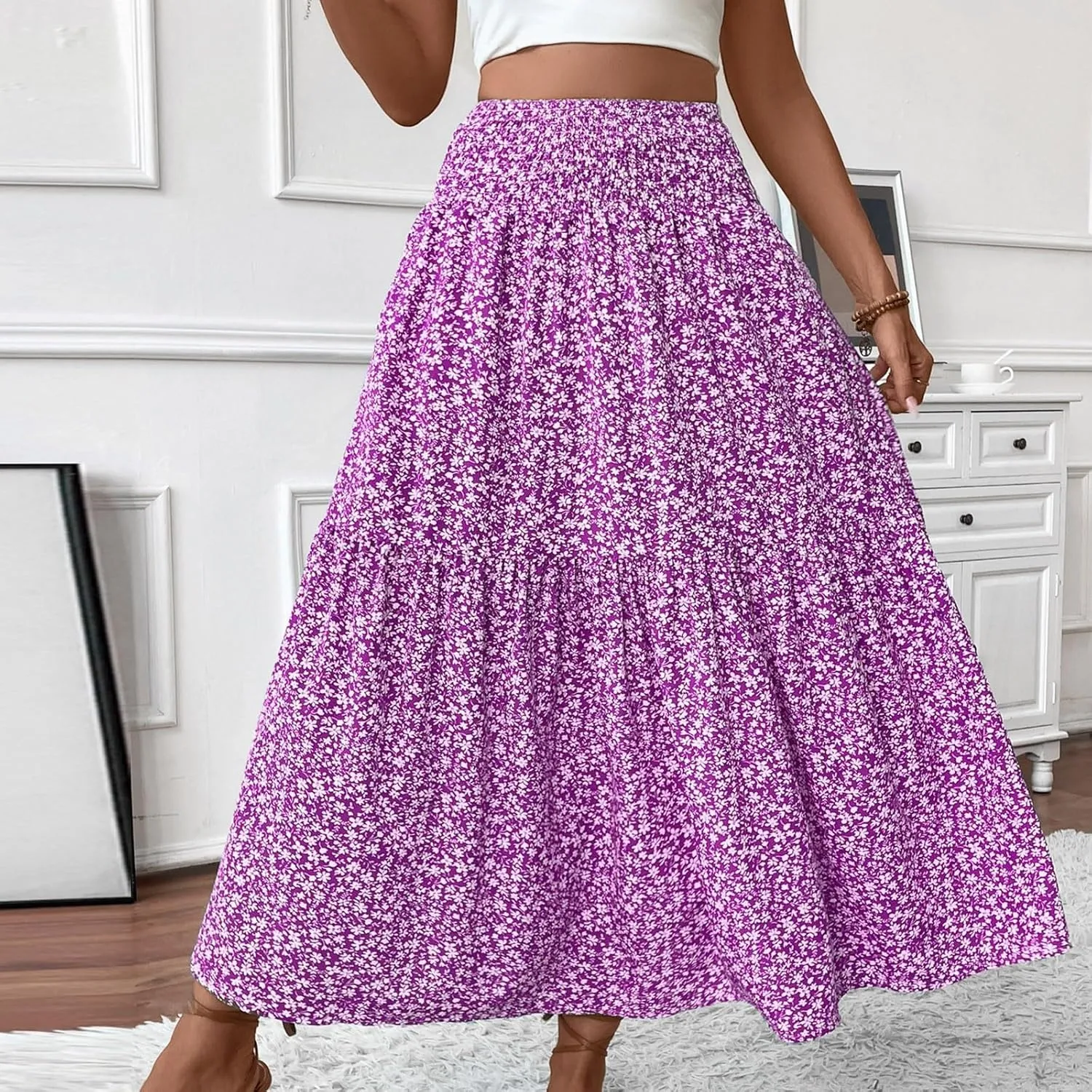 Skirts for Women Midi Length Women's Boho Floral Print Elastic High Waisted Swing A-Line Tiered Summer Beach Skirt