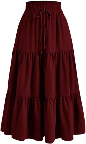 Skirts for Women Summer Boho Maxi Skirt Flowy Ruffle Tiered Elastic High Waist Smocked Dresses Beach Casual Dress
