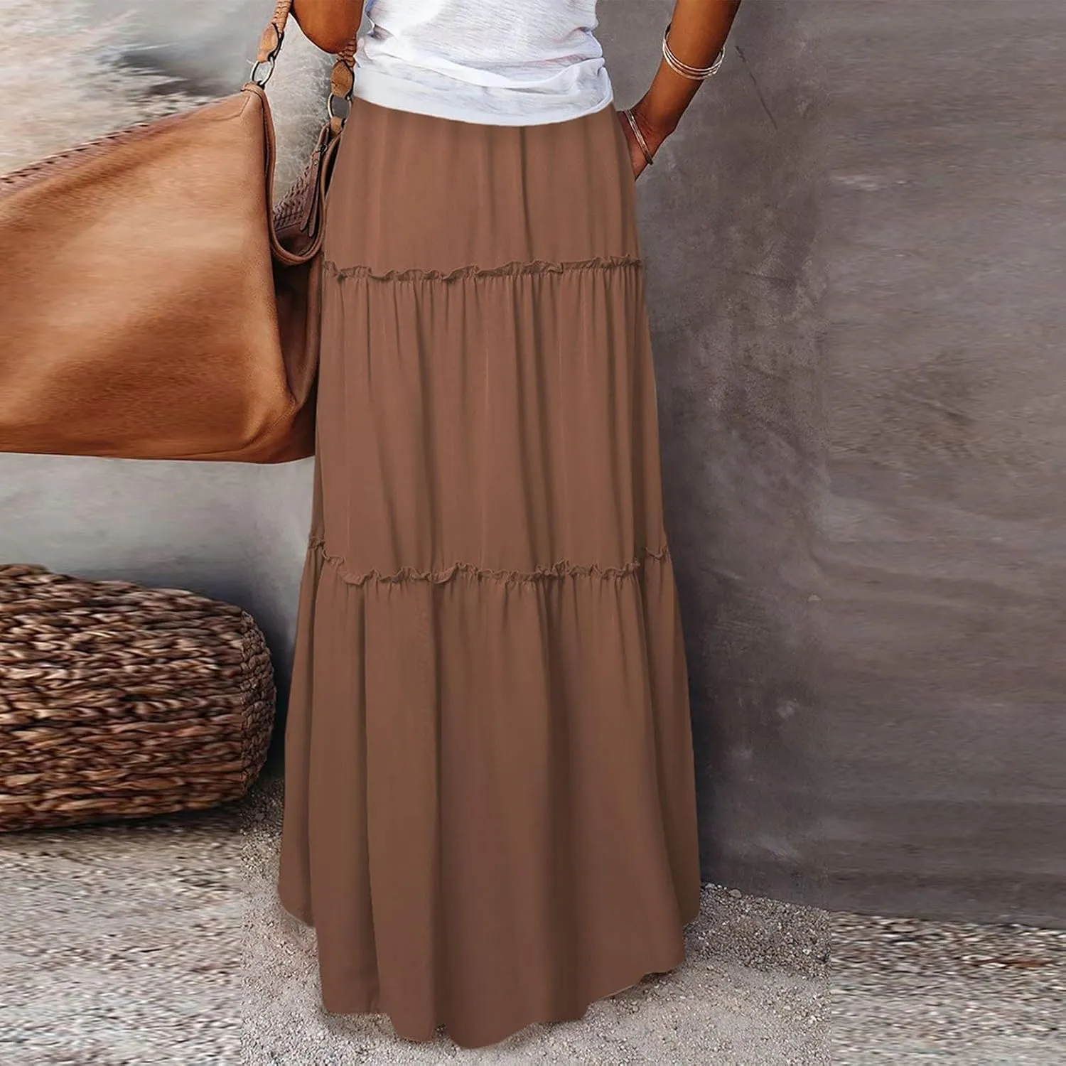 Skirts for Women Summer Flowy Tiered Elastic High Waisted Skirt Vacation Swing Long Solid Maxi Beach Skirts