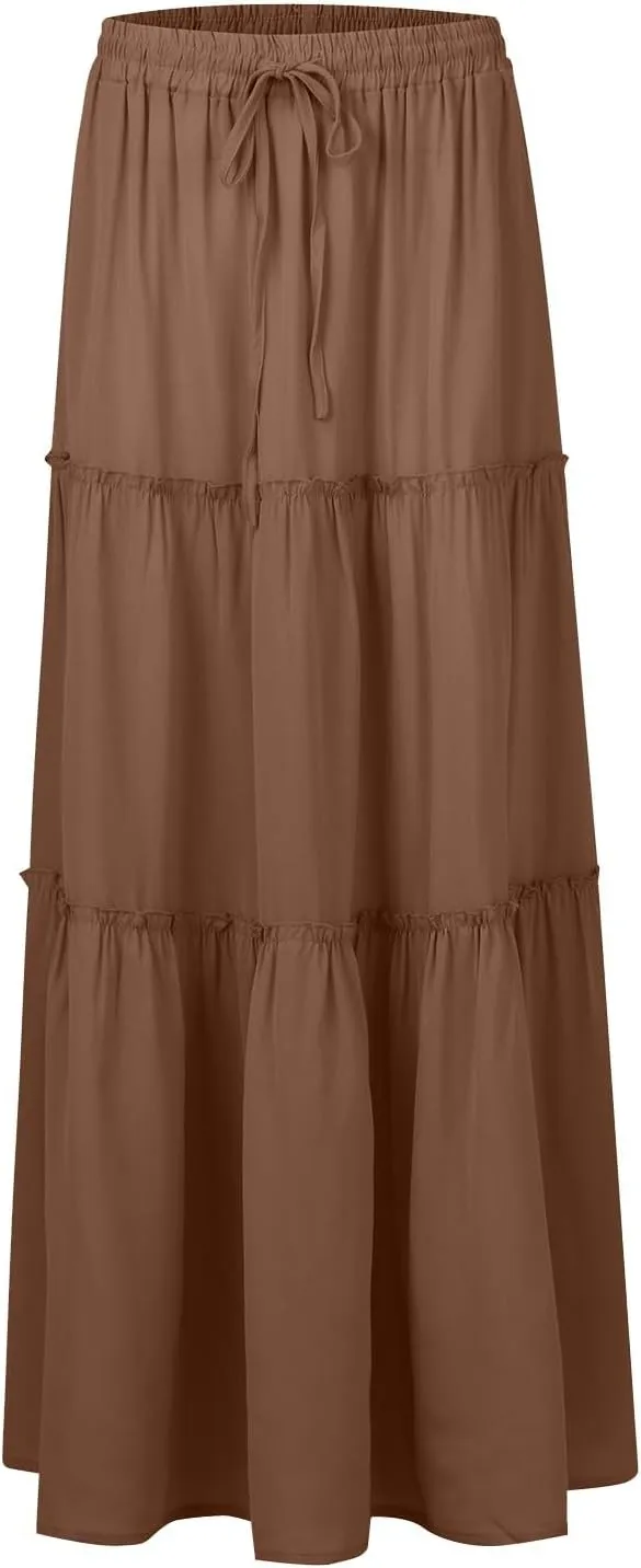 Skirts for Women Summer Flowy Tiered Elastic High Waisted Skirt Vacation Swing Long Solid Maxi Beach Skirts
