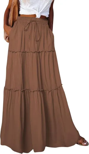 Skirts for Women Summer Flowy Tiered Elastic High Waisted Skirt Vacation Swing Long Solid Maxi Beach Skirts