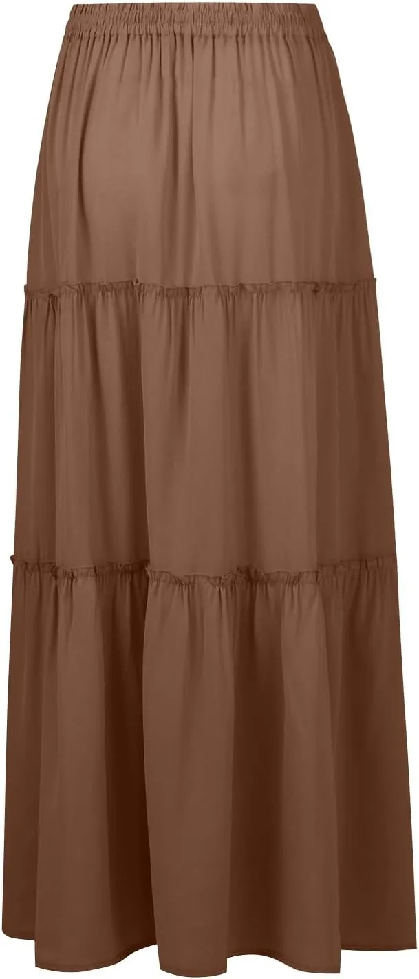 Skirts for Women Summer Flowy Tiered Elastic High Waisted Skirt Vacation Swing Long Solid Maxi Beach Skirts