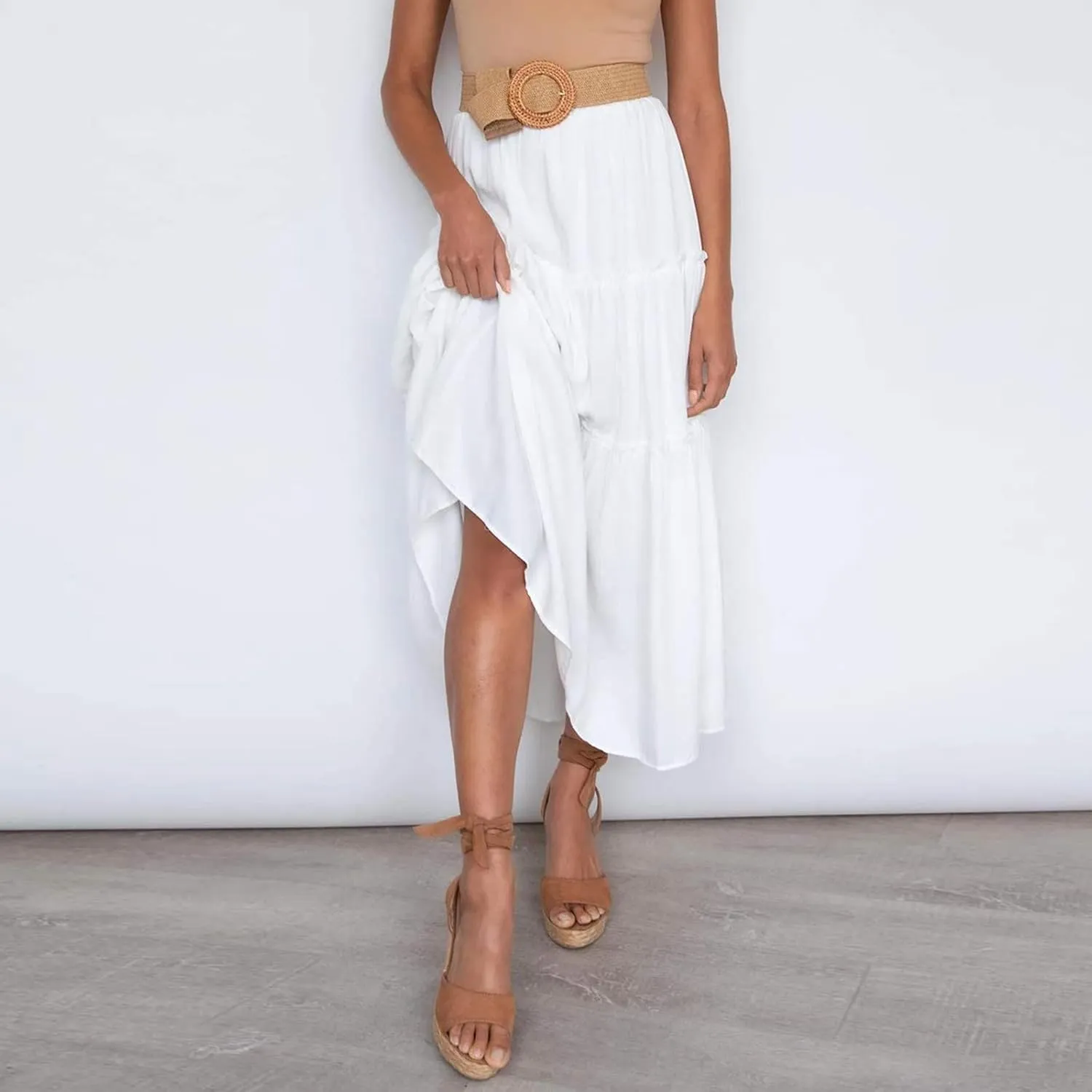 Solid Renaissance Skirt A Line Summer Pleated Boho High Rise Knee Length Skirts for Women Robe High Waist Cute Dress