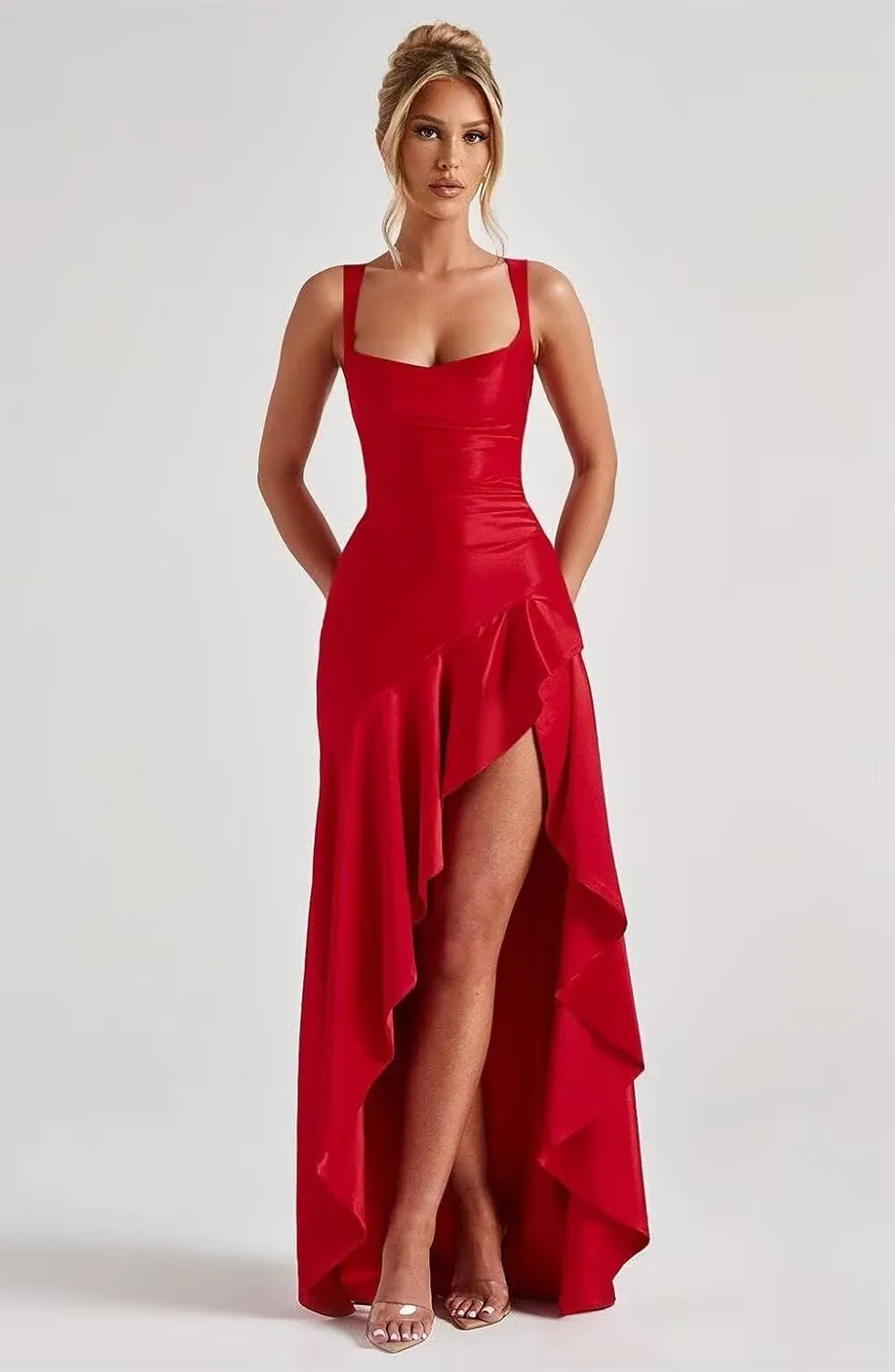 Spaghetti Straps Ruffles Prom Dresses Long Mermaid Ball Gowns Satin High Low Evening Party Dresses with Slit