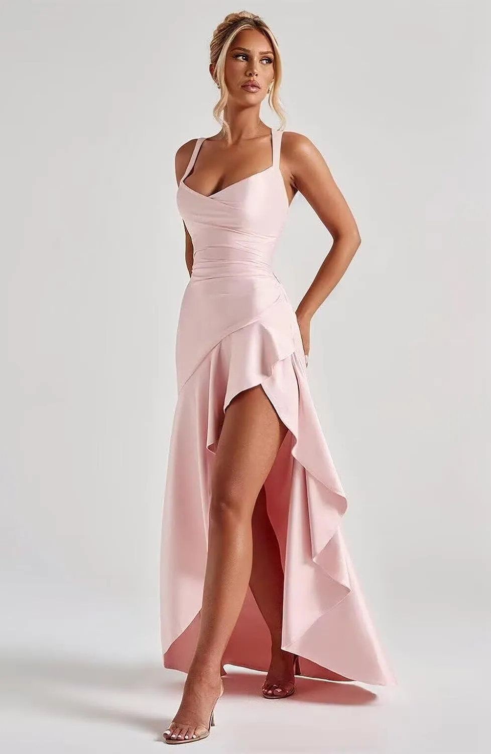 Spaghetti Straps Ruffles Prom Dresses Long Mermaid Ball Gowns Satin High Low Evening Party Dresses with Slit