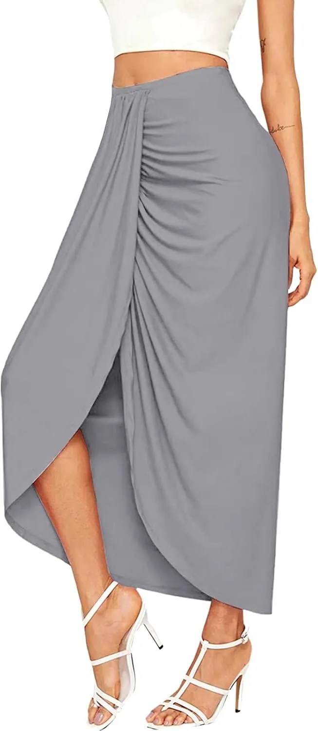 Split Athletic Skirt Asymmetrical Pleated Dress Solid Casual High Low Wrap Rise Summer Skirts for Women 2023 Modest