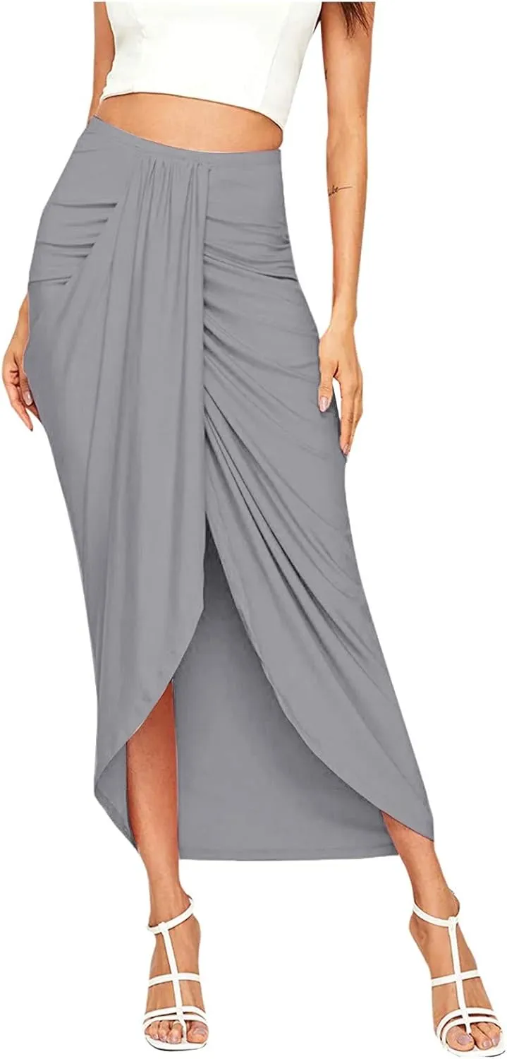 Split Athletic Skirt Asymmetrical Pleated Dress Solid Casual High Low Wrap Rise Summer Skirts for Women 2023 Modest
