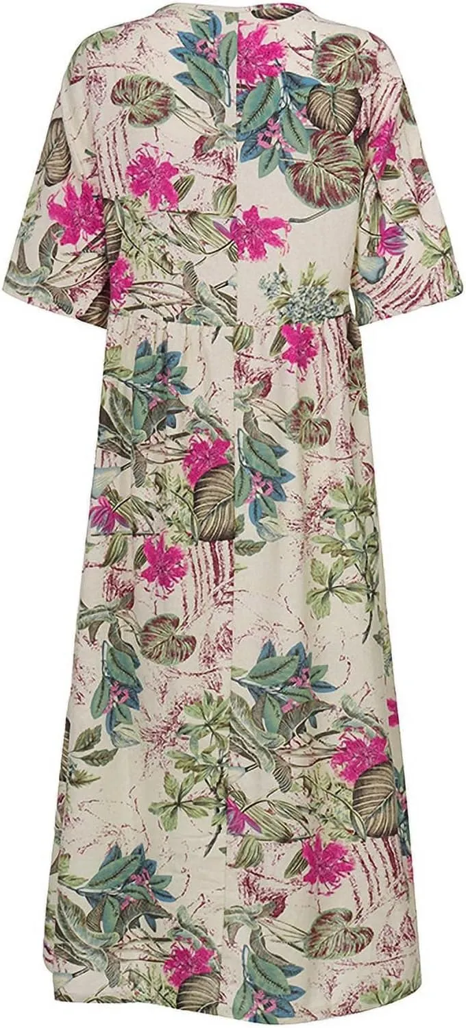 Spring Dresses for Women 2024 Casual 3/4 Sleeve Plus Size Maxi Dress A Line Shirt Flowy Swing Beach Vacation Long Sundress