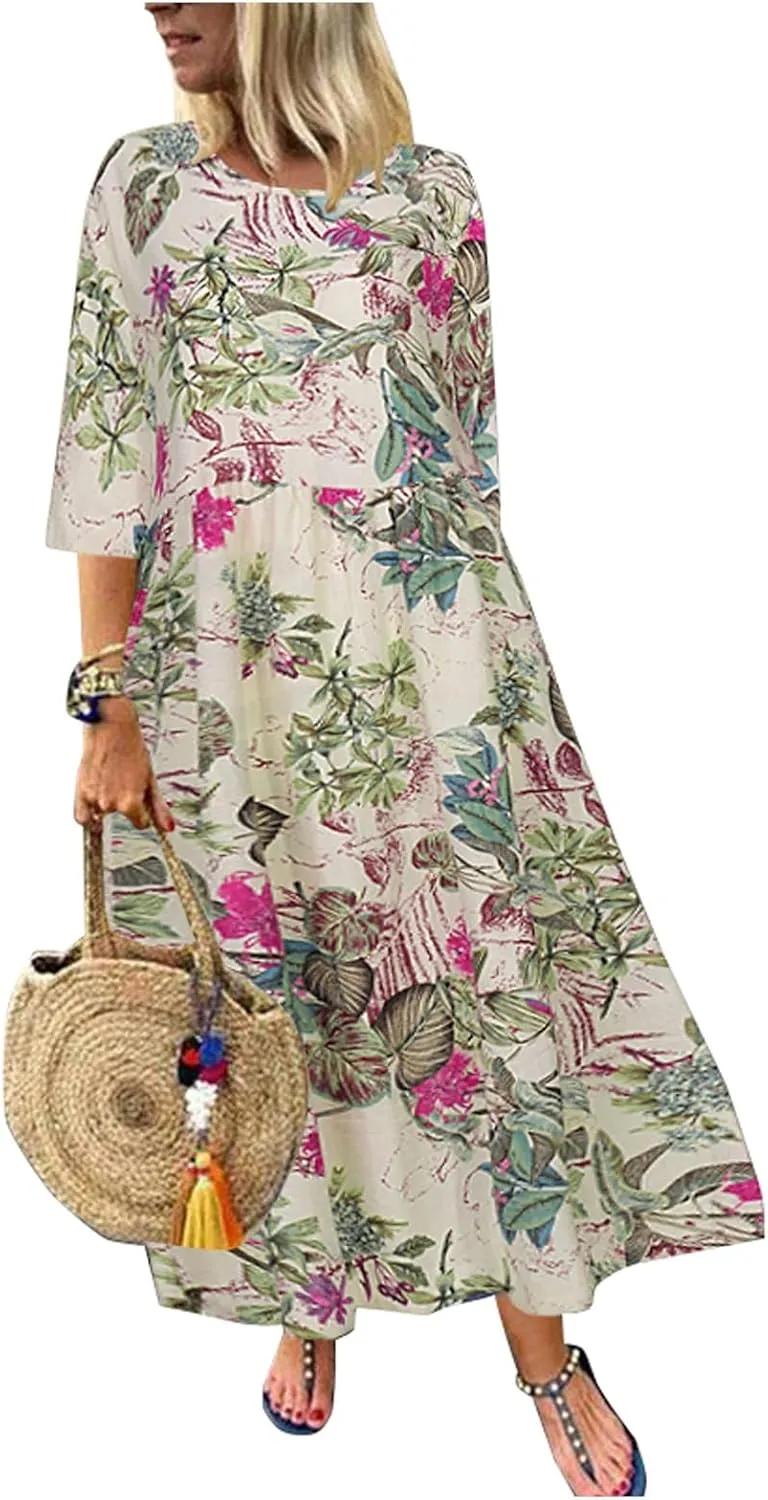 Spring Dresses for Women 2024 Casual 3/4 Sleeve Plus Size Maxi Dress A Line Shirt Flowy Swing Beach Vacation Long Sundress