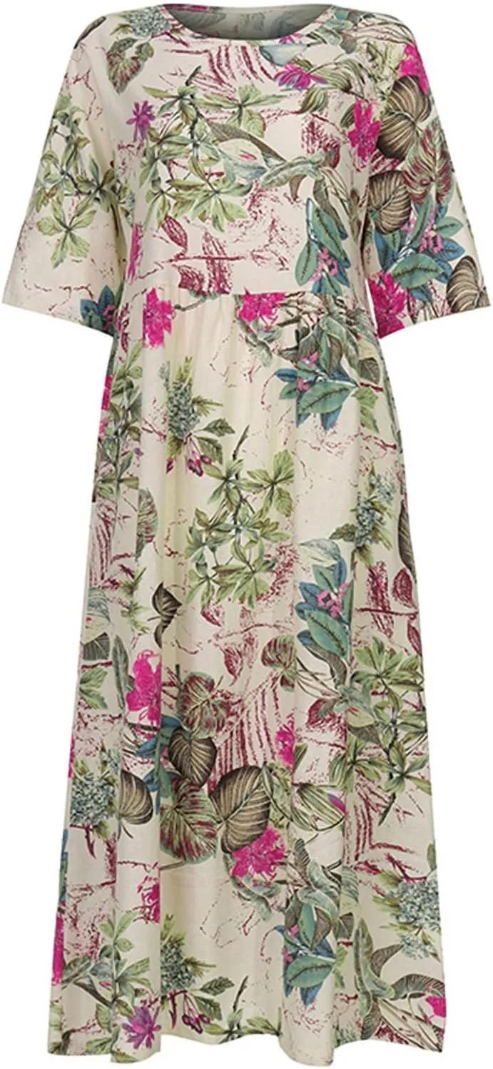 Spring Dresses for Women 2024 Casual 3/4 Sleeve Plus Size Maxi Dress A Line Shirt Flowy Swing Beach Vacation Long Sundress