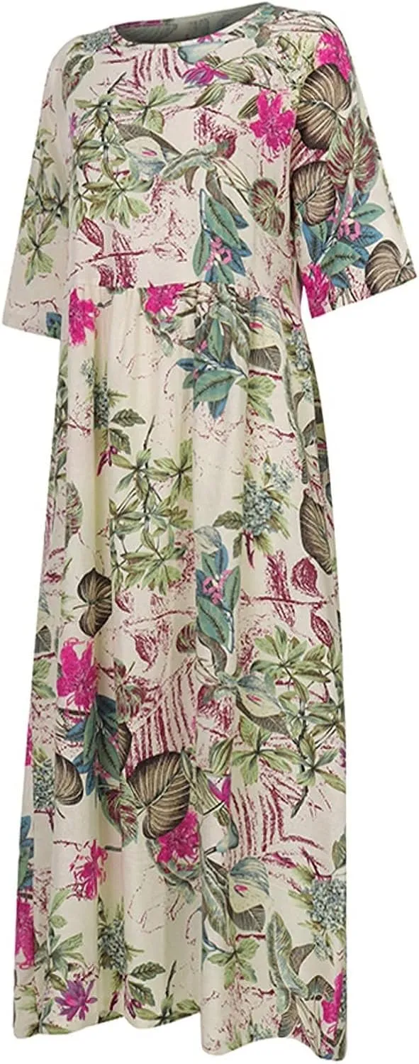 Spring Dresses for Women 2024 Casual 3/4 Sleeve Plus Size Maxi Dress A Line Shirt Flowy Swing Beach Vacation Long Sundress