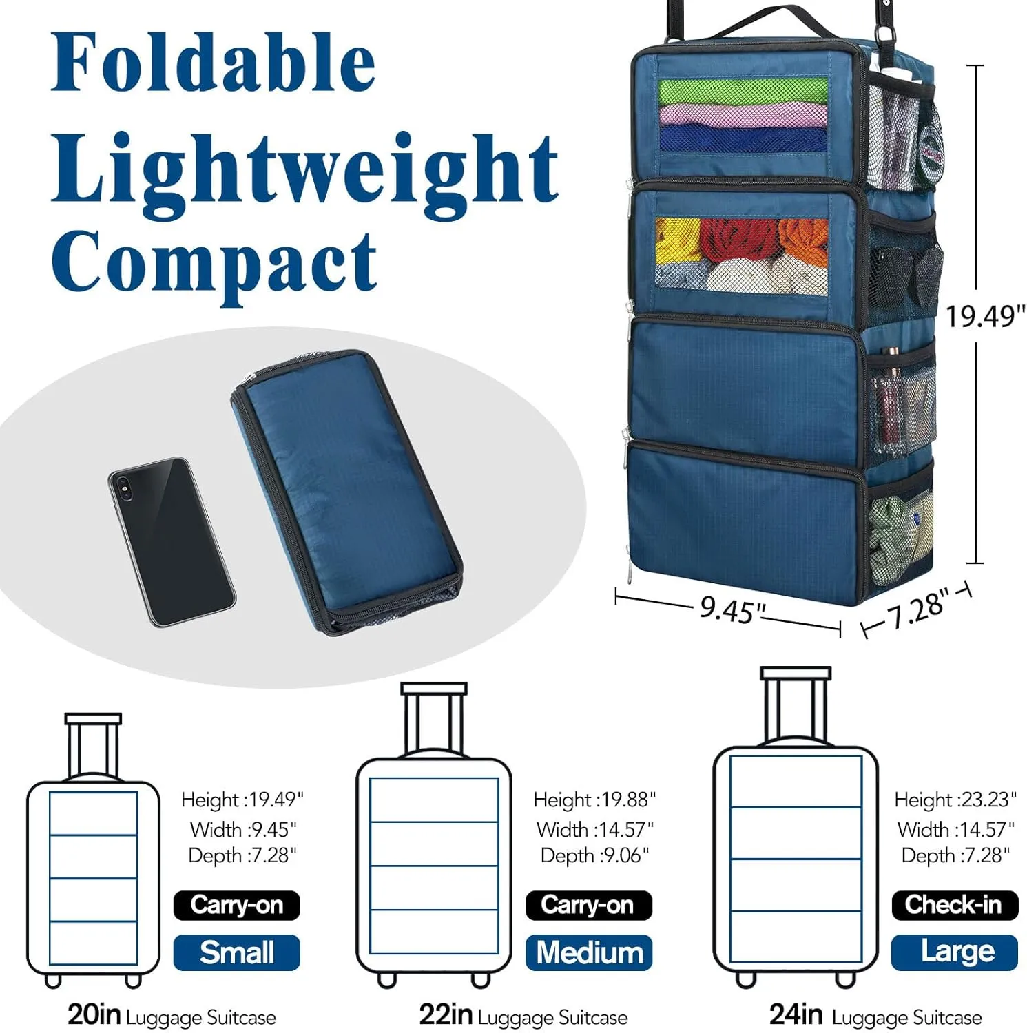 Suitcase Organizer, Carry On Closet Luggage Organizer Accessories - Foldable, Hangable Portable Hanging Travel Shelves With Shoulder Strap, Small, Navy Blue