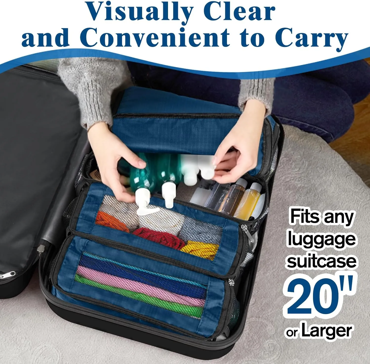 Suitcase Organizer, Carry On Closet Luggage Organizer Accessories - Foldable, Hangable Portable Hanging Travel Shelves With Shoulder Strap, Small, Navy Blue