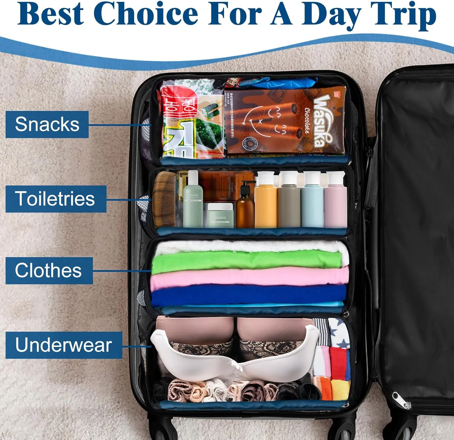 Suitcase Organizer, Carry On Closet Luggage Organizer Accessories - Foldable, Hangable Portable Hanging Travel Shelves With Shoulder Strap, Small, Navy Blue