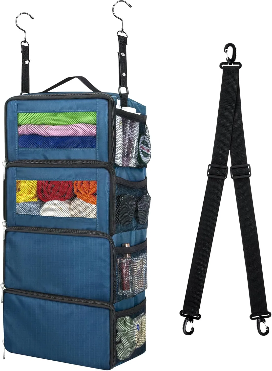 Suitcase Organizer, Carry On Closet Luggage Organizer Accessories - Foldable, Hangable Portable Hanging Travel Shelves With Shoulder Strap, Small, Navy Blue
