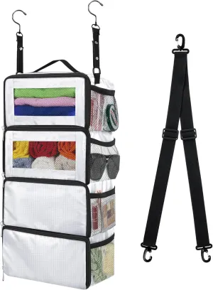 Suitcase Organizer, Carry-On Closet Luggage Organizer Accessories - Foldable, Hangable Portable Hanging Travel Shelves with Shoulder Strap, White