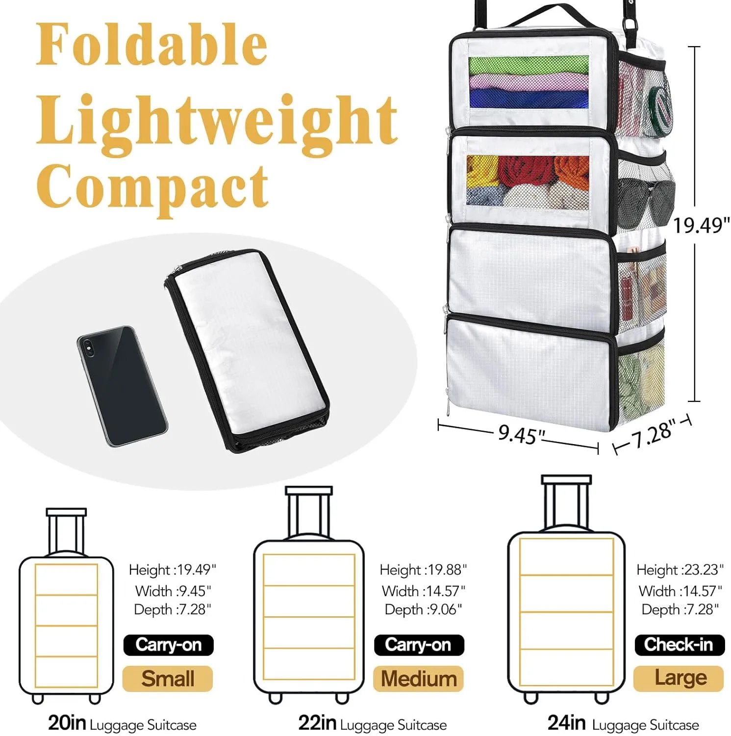 Suitcase Organizer, Carry-On Closet Luggage Organizer Accessories - Foldable, Hangable Portable Hanging Travel Shelves with Shoulder Strap, White