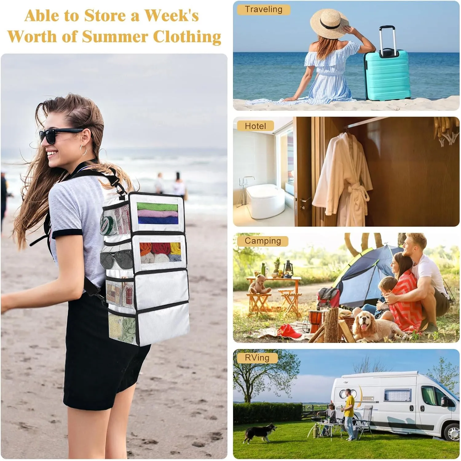 Suitcase Organizer, Carry-On Closet Luggage Organizer Accessories - Foldable, Hangable Portable Hanging Travel Shelves with Shoulder Strap, White