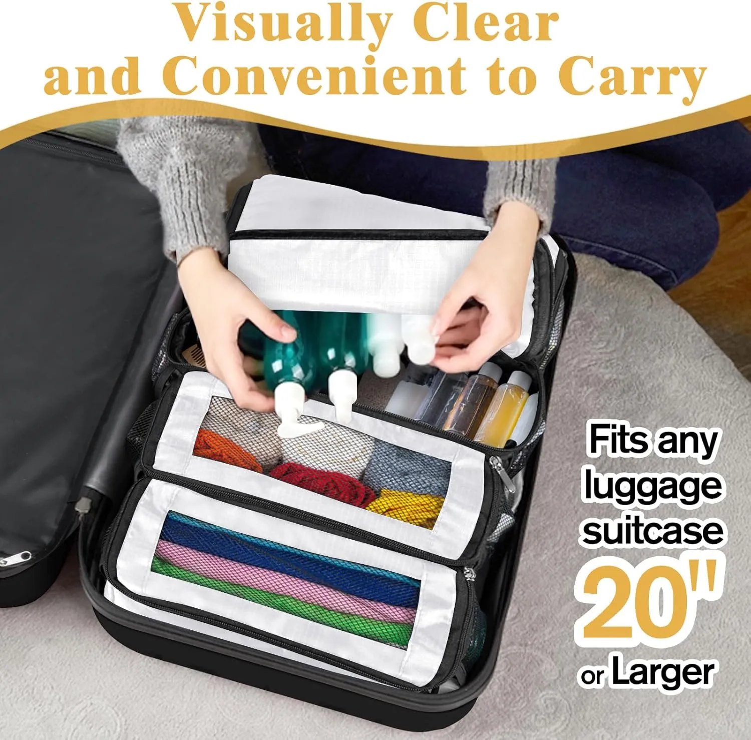 Suitcase Organizer, Carry-On Closet Luggage Organizer Accessories - Foldable, Hangable Portable Hanging Travel Shelves with Shoulder Strap, White