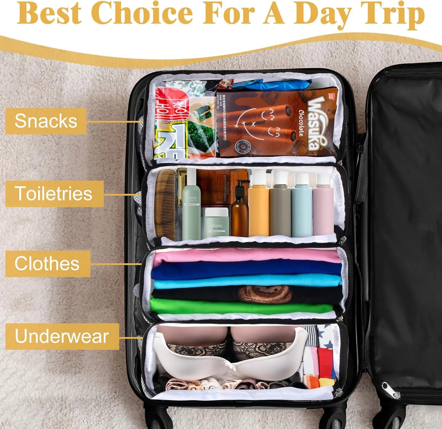 Suitcase Organizer, Carry-On Closet Luggage Organizer Accessories - Foldable, Hangable Portable Hanging Travel Shelves with Shoulder Strap, White